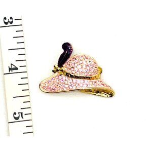 Pink Rhinestone Hat Brooch Pin Gold-Tone With Purple Feather Accent